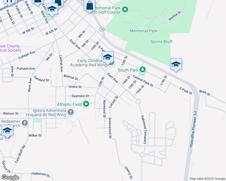 map of restaurants, bars, coffee shops, grocery stores, and more near 617 Norwood Street in Red Wing