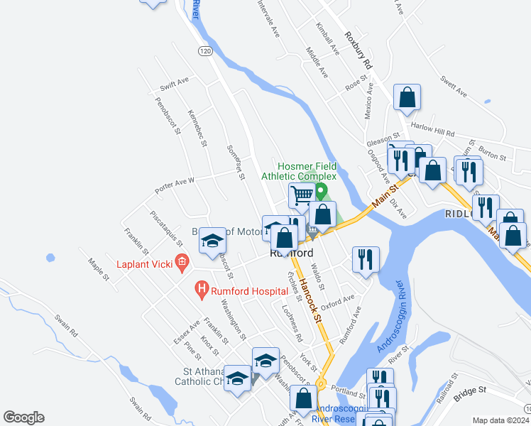 map of restaurants, bars, coffee shops, grocery stores, and more near 533 Hancock Street in Rumford