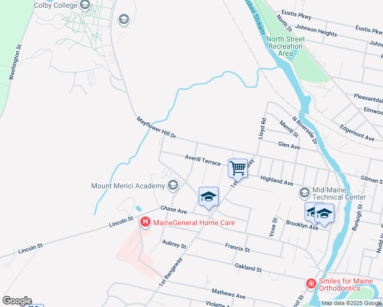 map of restaurants, bars, coffee shops, grocery stores, and more near 112 Mayflower Hill Drive in Waterville