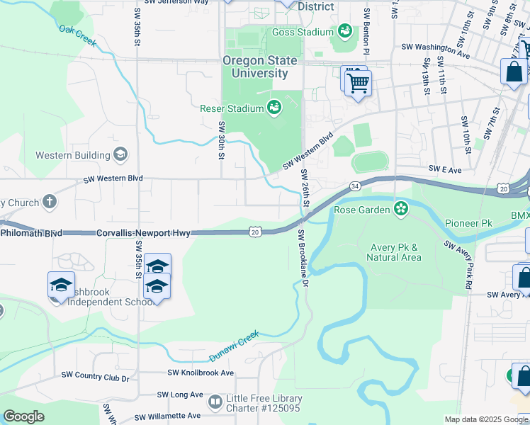 map of restaurants, bars, coffee shops, grocery stores, and more near 2750 Southwest Morris Avenue in Corvallis