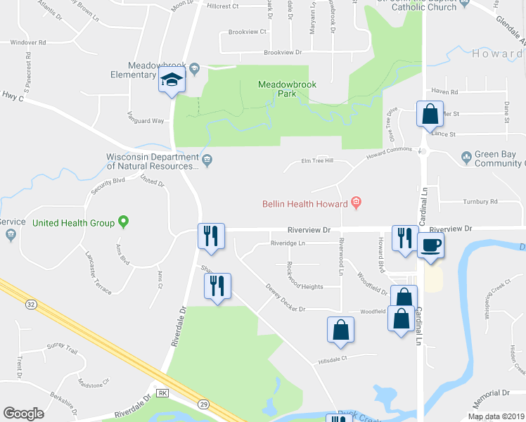 map of restaurants, bars, coffee shops, grocery stores, and more near 2842 Riverview Drive in Green Bay