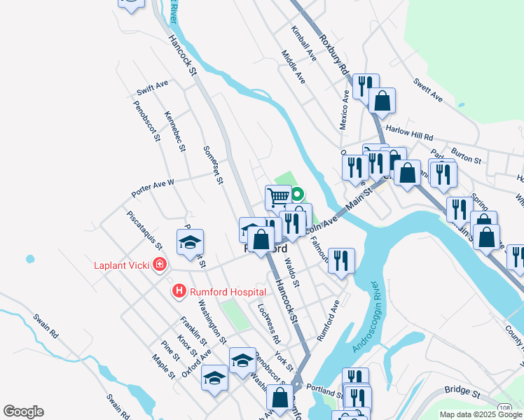map of restaurants, bars, coffee shops, grocery stores, and more near 605 Waldo Street in Rumford
