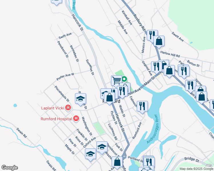 map of restaurants, bars, coffee shops, grocery stores, and more near 605 Waldo Street in Rumford