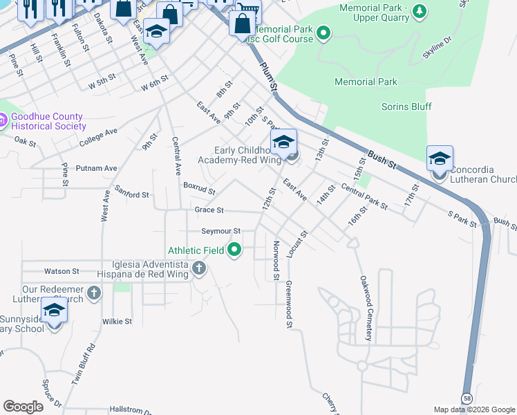 map of restaurants, bars, coffee shops, grocery stores, and more near 614 12th Street in Red Wing