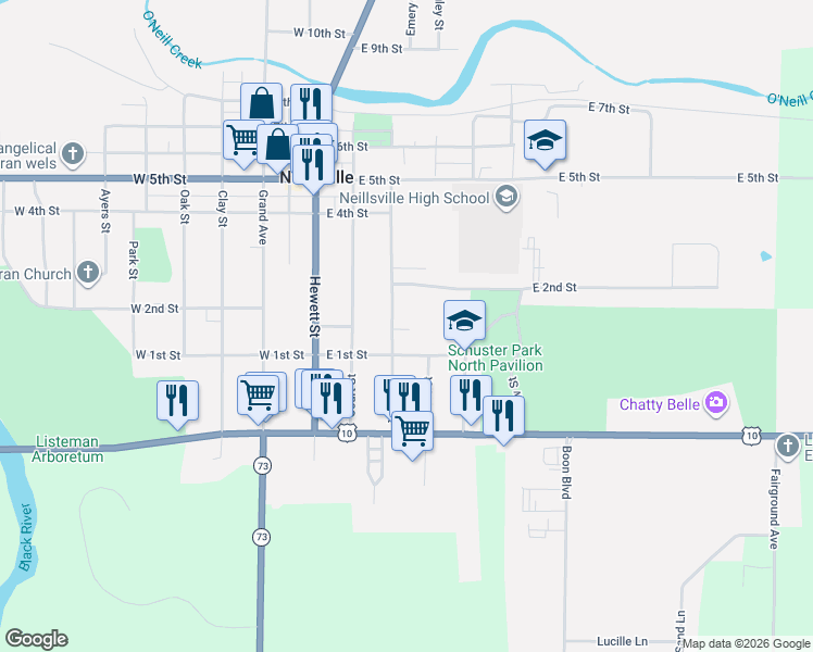 map of restaurants, bars, coffee shops, grocery stores, and more near 113 State Street in Neillsville