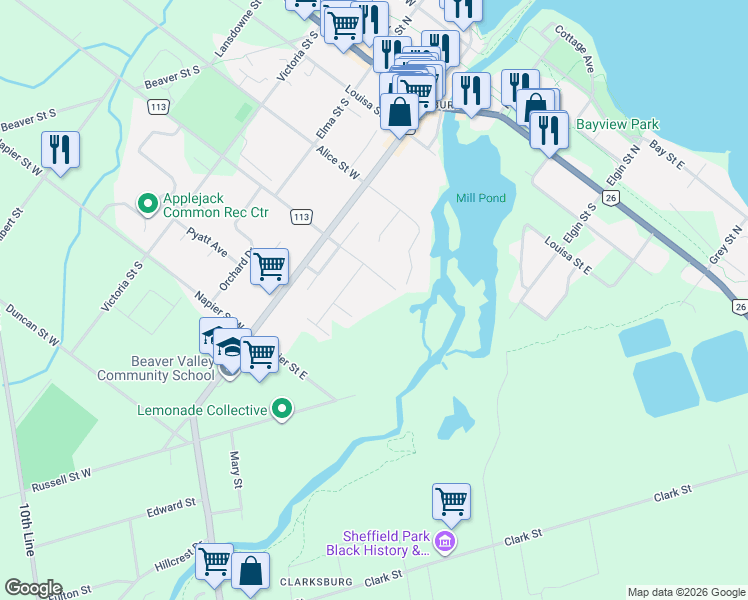 map of restaurants, bars, coffee shops, grocery stores, and more near 7 Cobblestone Lane in Thornbury