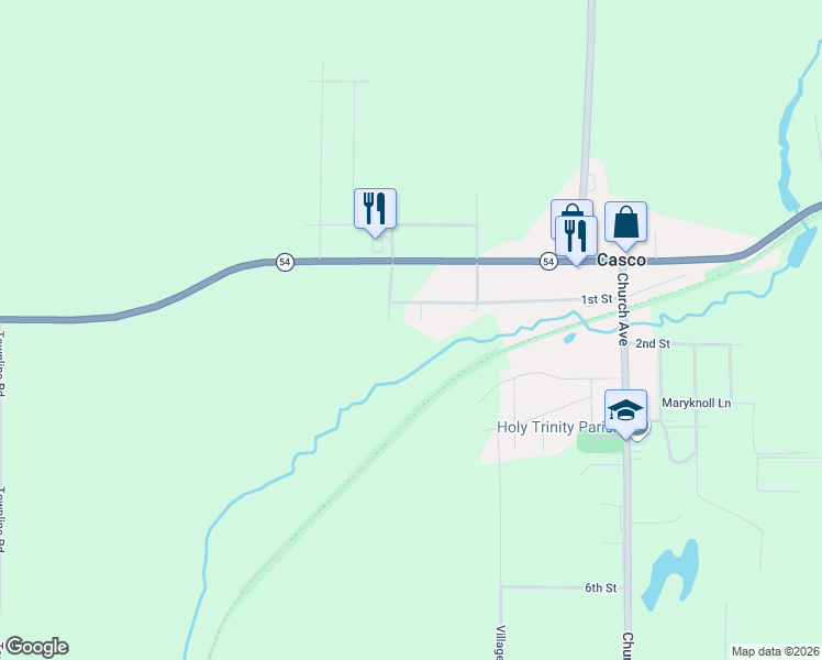 map of restaurants, bars, coffee shops, grocery stores, and more near 115 Old Orchard Avenue in Casco