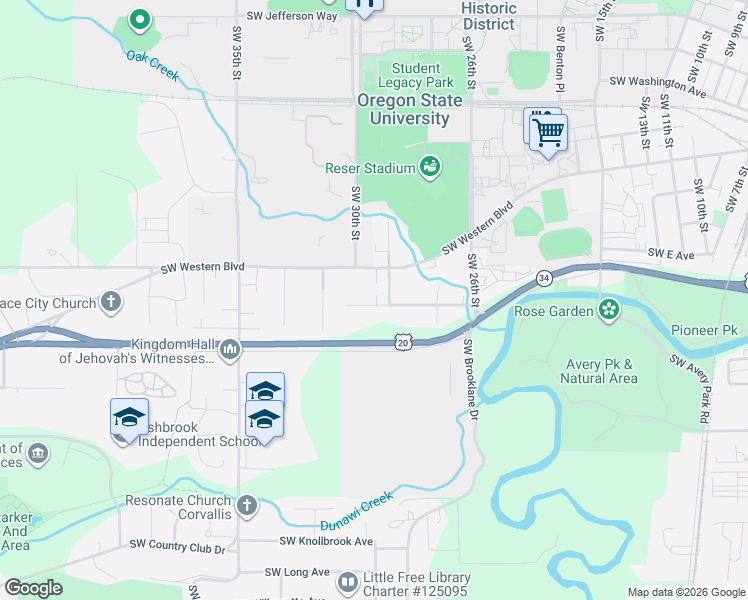 map of restaurants, bars, coffee shops, grocery stores, and more near 2925 Southwest Morris Avenue in Corvallis