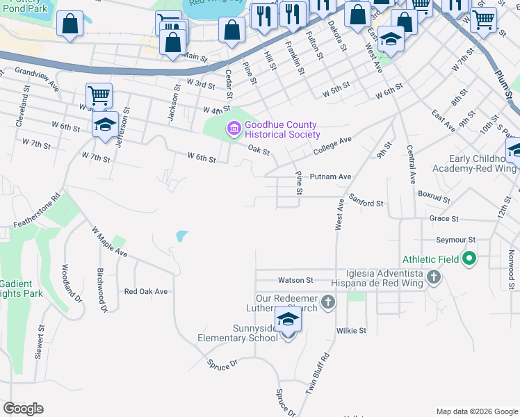 map of restaurants, bars, coffee shops, grocery stores, and more near 1165 Golf Ridge Circle in Red Wing