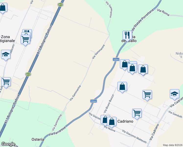 map of restaurants, bars, coffee shops, grocery stores, and more near 9 Via Sammarina in Città Metropolitana di Bologna