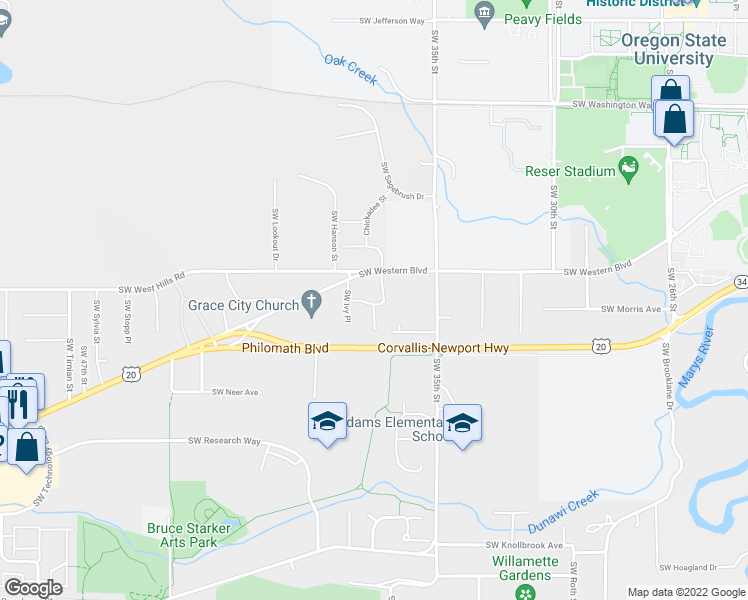 map of restaurants, bars, coffee shops, grocery stores, and more near 3735 Southwest Deon Drive in Corvallis