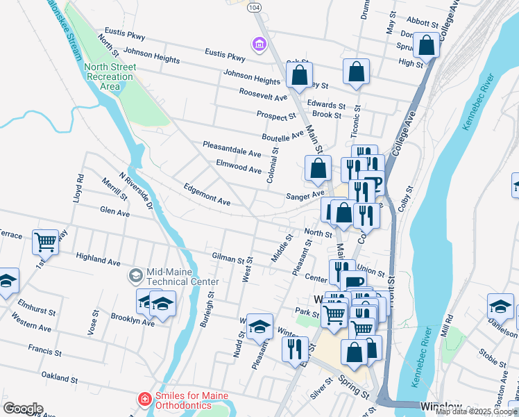 map of restaurants, bars, coffee shops, grocery stores, and more near 1 Harris Street in Waterville