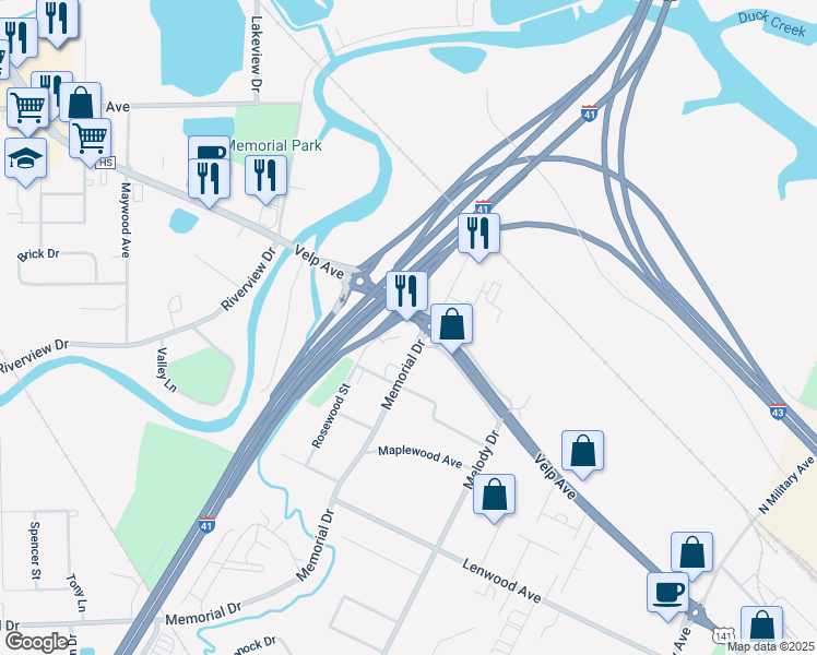 map of restaurants, bars, coffee shops, grocery stores, and more near 1897 Velp Avenue in Green Bay