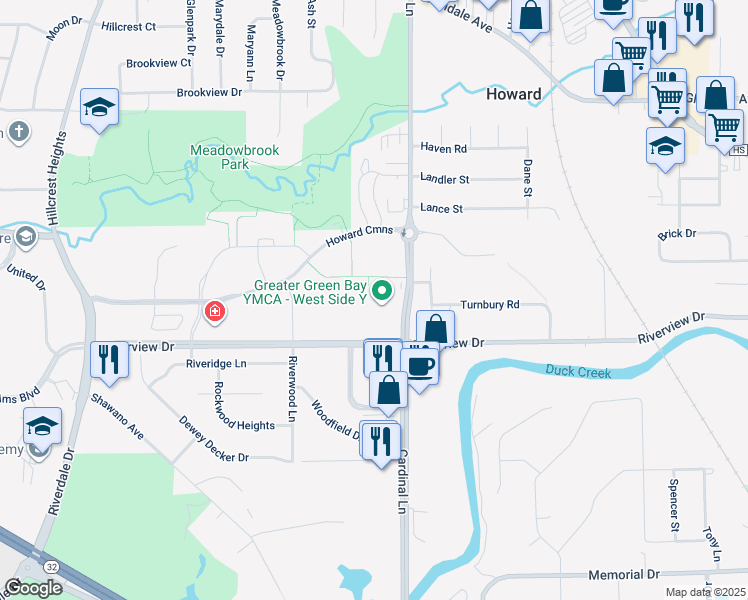 map of restaurants, bars, coffee shops, grocery stores, and more near 601 Cardinal Lane in Green Bay
