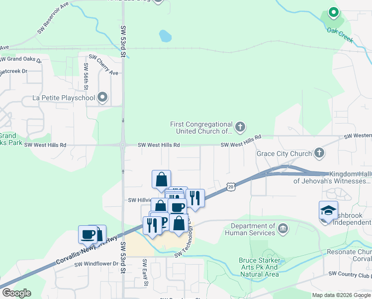 map of restaurants, bars, coffee shops, grocery stores, and more near 4830 Southwest West Hills Road in Corvallis