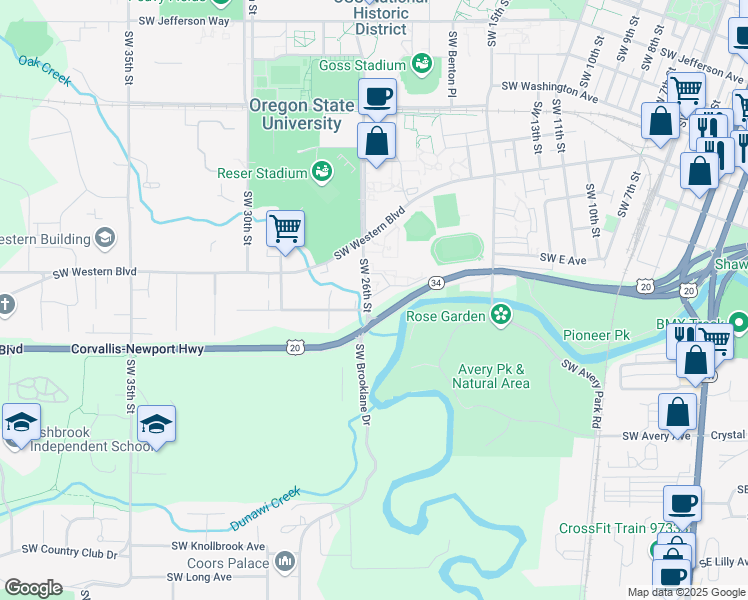 map of restaurants, bars, coffee shops, grocery stores, and more near 1237 Southwest 26th Street in Corvallis