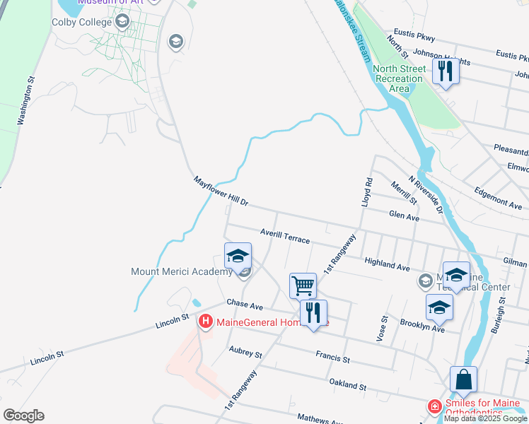 map of restaurants, bars, coffee shops, grocery stores, and more near 112 Mayflower Hill Drive in Waterville