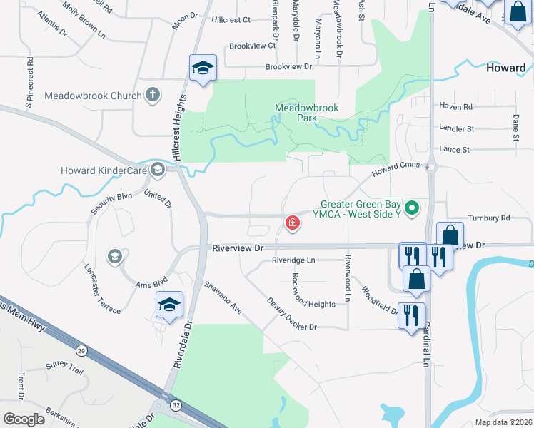 map of restaurants, bars, coffee shops, grocery stores, and more near 2842 Riverview Drive in Green Bay