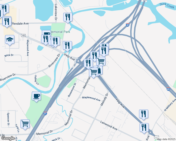 map of restaurants, bars, coffee shops, grocery stores, and more near 1897 Velp Avenue in Green Bay