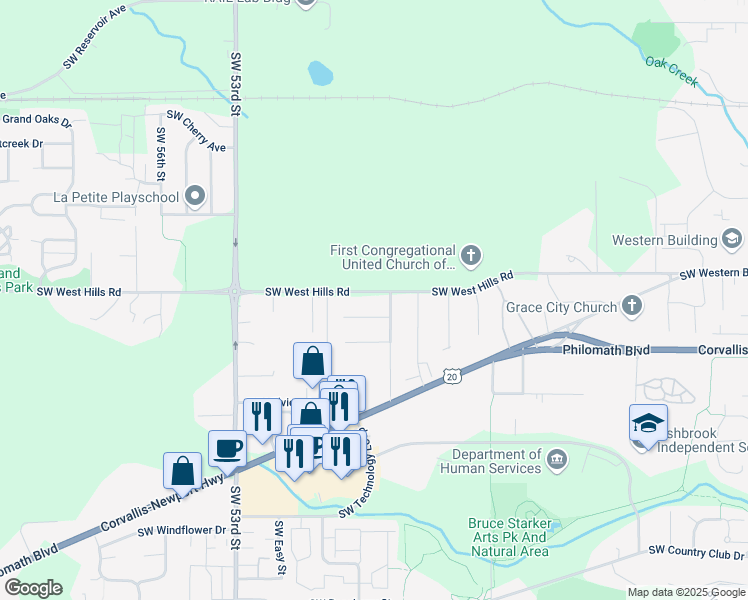 map of restaurants, bars, coffee shops, grocery stores, and more near 4830 Southwest West Hills Road in Corvallis