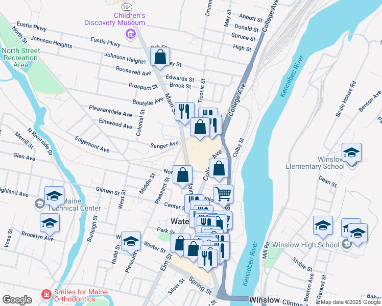 map of restaurants, bars, coffee shops, grocery stores, and more near 6 Main Place in Waterville