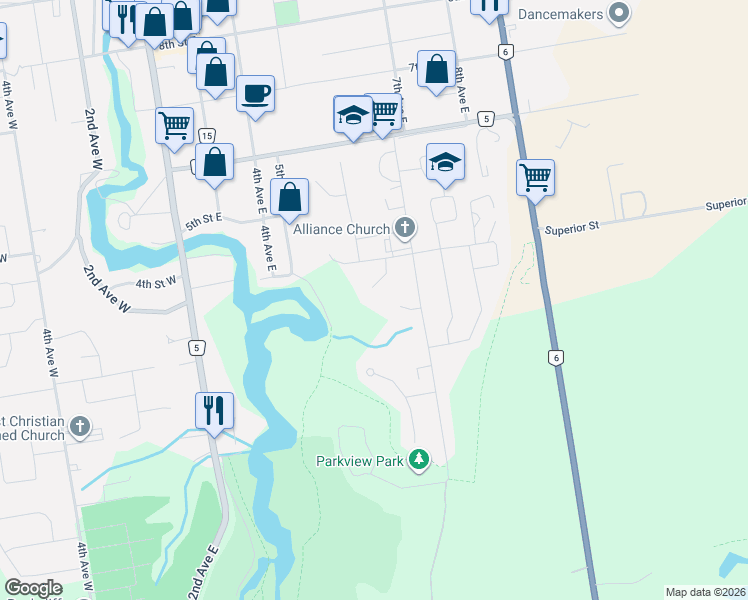 map of restaurants, bars, coffee shops, grocery stores, and more near 336 6th Avenue East in Owen Sound