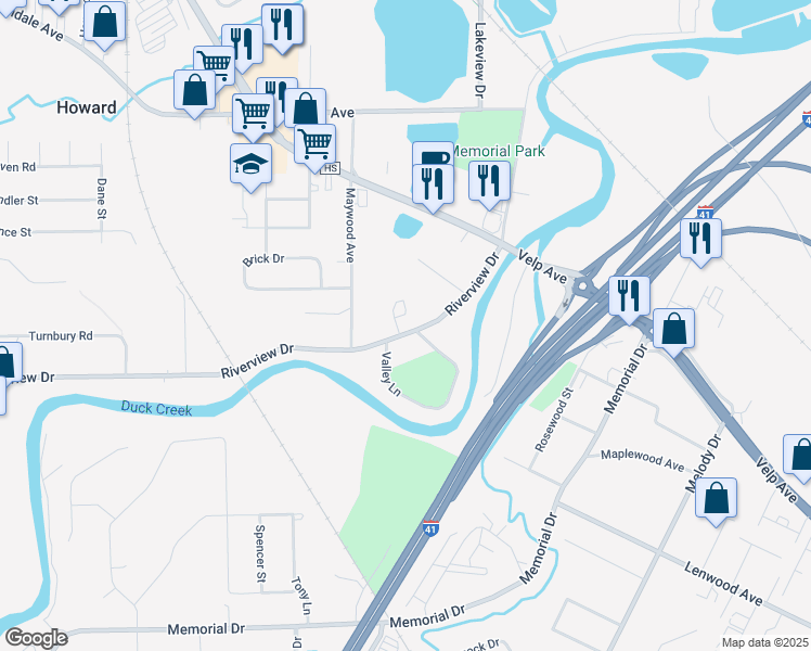 map of restaurants, bars, coffee shops, grocery stores, and more near 2112 Riverview Drive in Green Bay