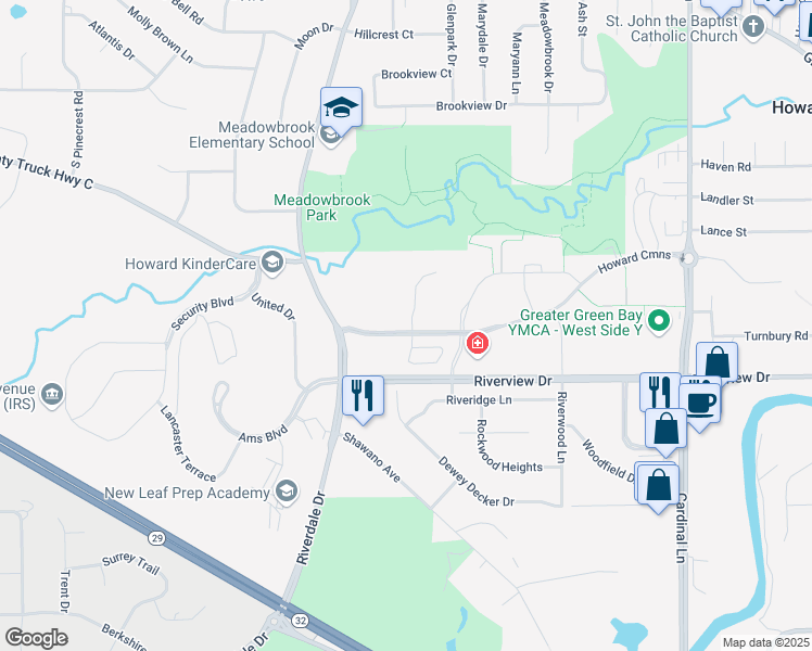 map of restaurants, bars, coffee shops, grocery stores, and more near 2948 Shawano Avenue in Green Bay