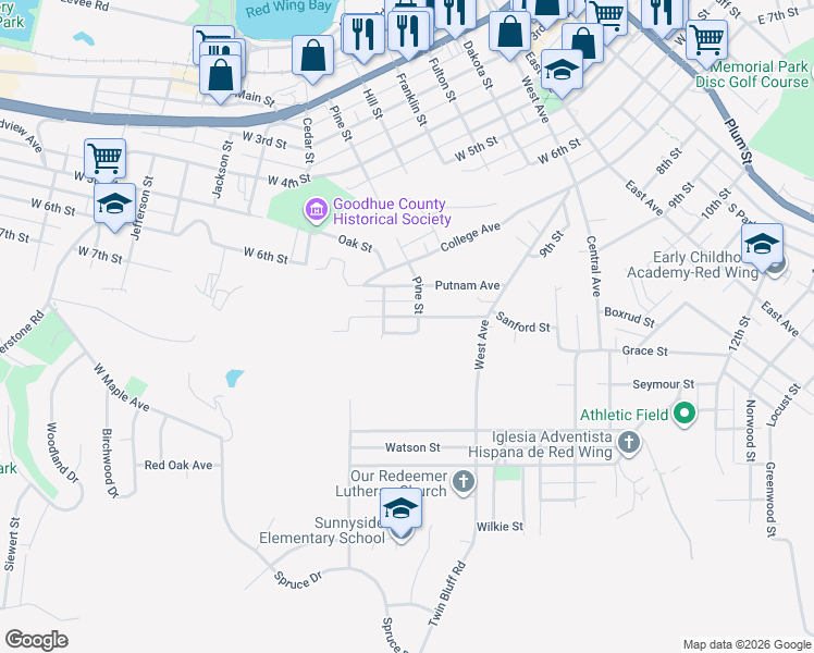 map of restaurants, bars, coffee shops, grocery stores, and more near 1061 Sturtevant Street in Red Wing