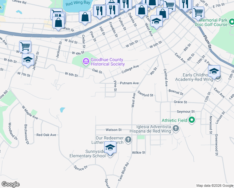 map of restaurants, bars, coffee shops, grocery stores, and more near 1061 Sturtevant Street in Red Wing