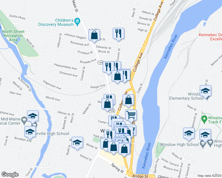 map of restaurants, bars, coffee shops, grocery stores, and more near 243 Main Street in Waterville
