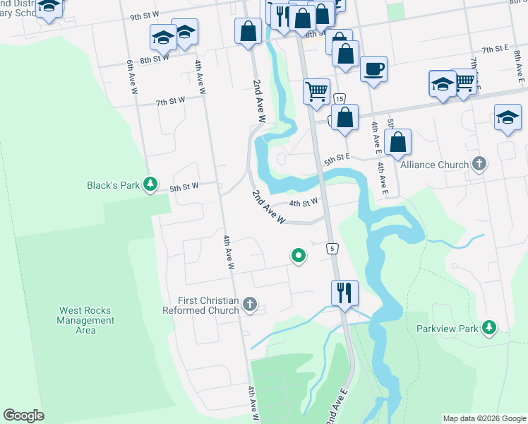 map of restaurants, bars, coffee shops, grocery stores, and more near 400 2nd Avenue West in Owen Sound