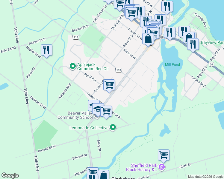 map of restaurants, bars, coffee shops, grocery stores, and more near 138 Bruce Street South in Thornbury