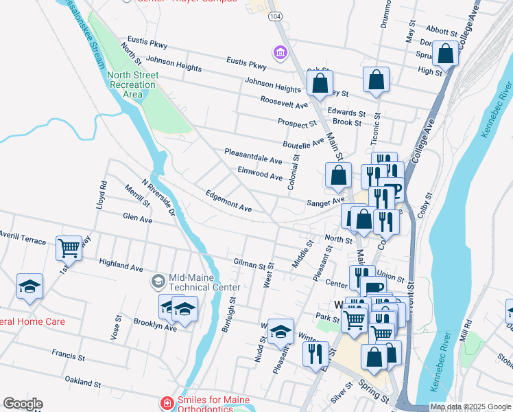 map of restaurants, bars, coffee shops, grocery stores, and more near 1 Harris Street in Waterville