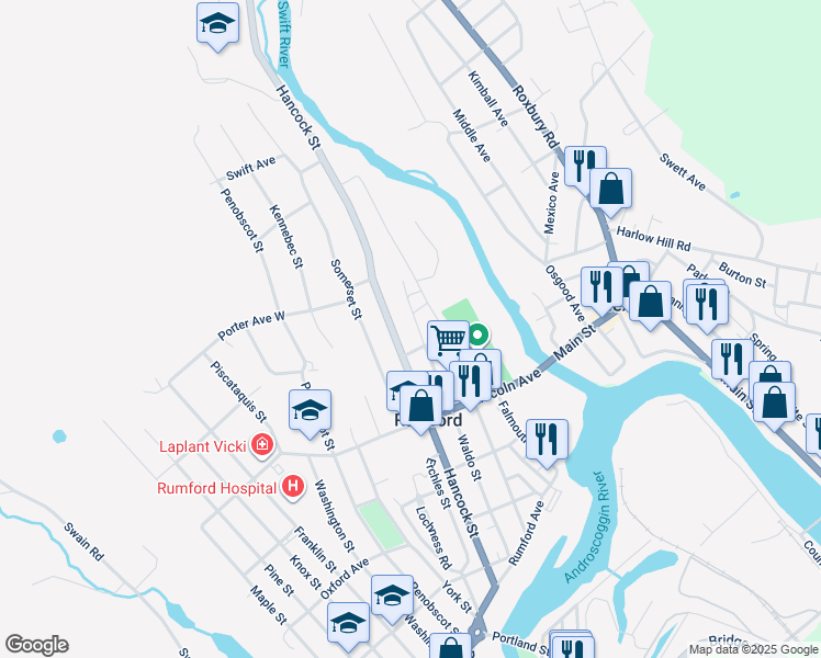 map of restaurants, bars, coffee shops, grocery stores, and more near 605+ Waldo Street in Rumford