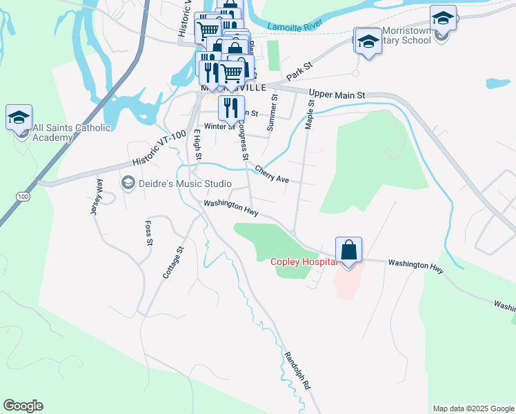 map of restaurants, bars, coffee shops, grocery stores, and more near 373 Congress Street in Morristown