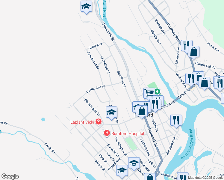 map of restaurants, bars, coffee shops, grocery stores, and more near 645 Kennebec Street in Rumford