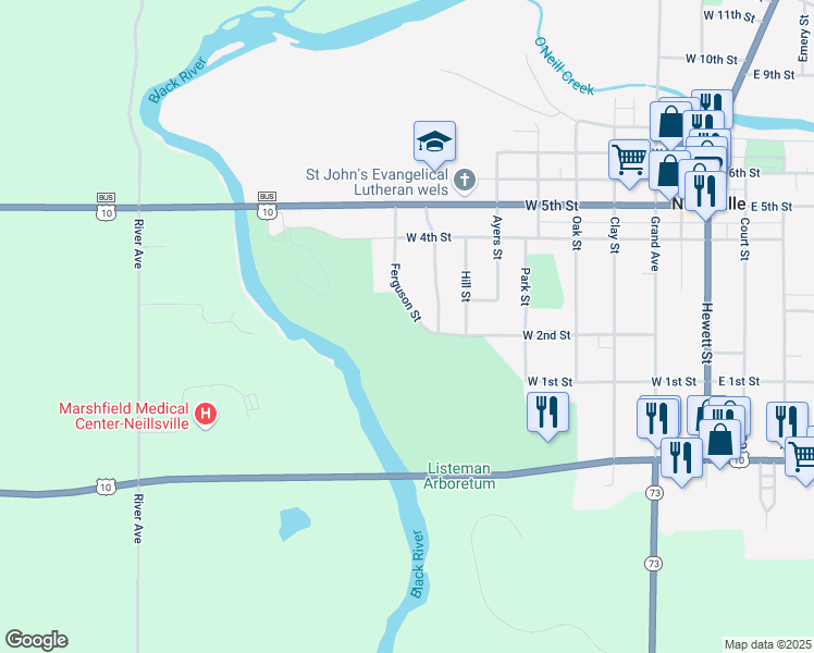 map of restaurants, bars, coffee shops, grocery stores, and more near W5747 Struble Road in Neillsville