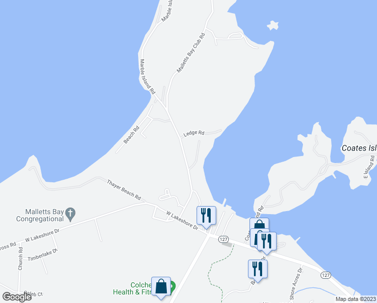 map of restaurants, bars, coffee shops, grocery stores, and more near 292 Marble Island Road in Colchester