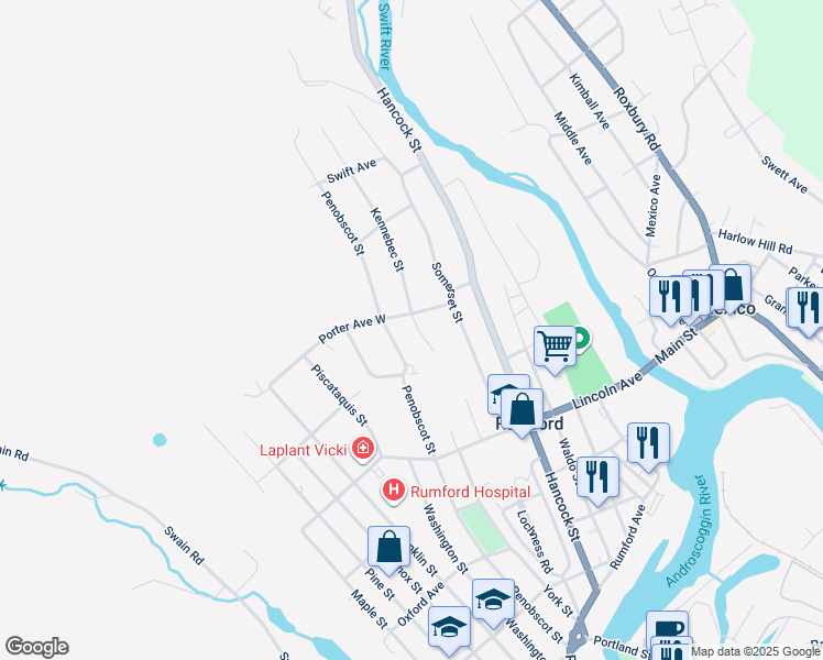 map of restaurants, bars, coffee shops, grocery stores, and more near 645 Kennebec Street in Rumford