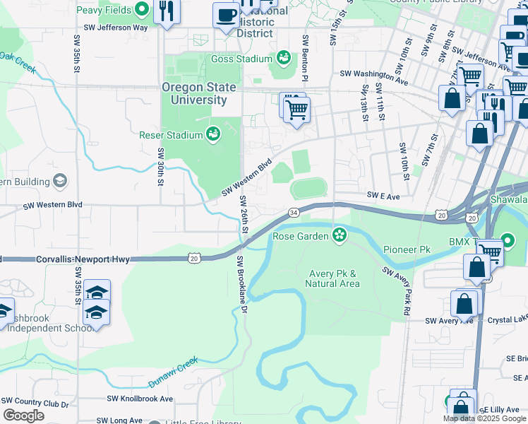 map of restaurants, bars, coffee shops, grocery stores, and more near 1237 Southwest 26th Street in Corvallis