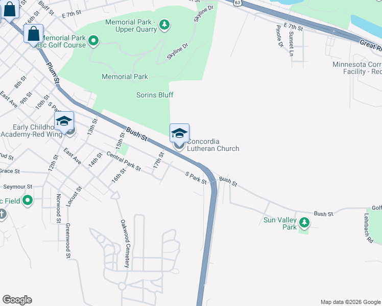 map of restaurants, bars, coffee shops, grocery stores, and more near 1818 Bush Street in Red Wing