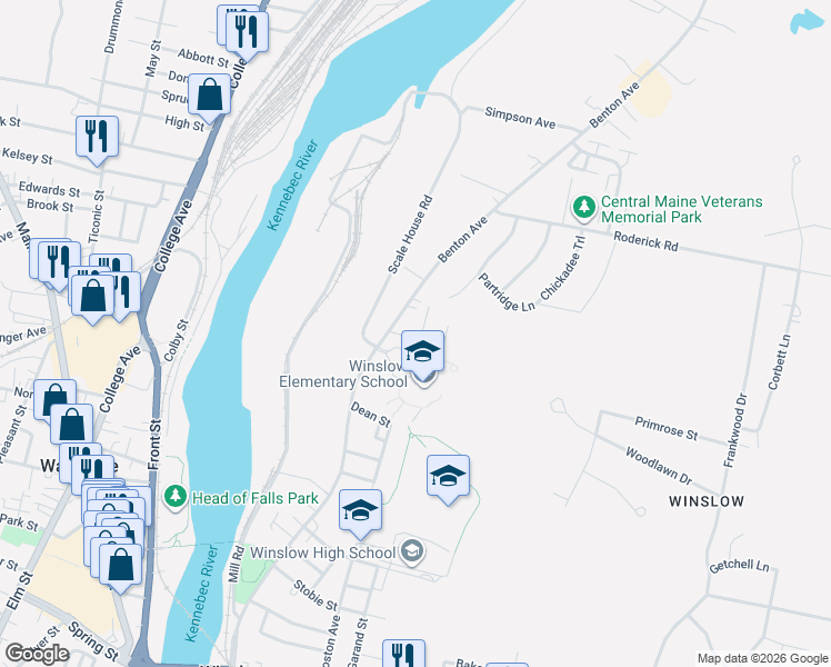 map of restaurants, bars, coffee shops, grocery stores, and more near 2 1st Street in Waterville