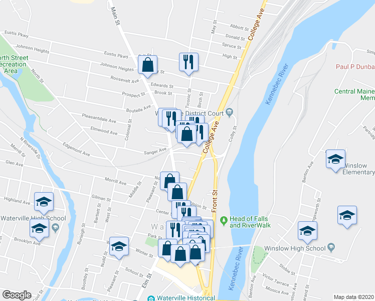 map of restaurants, bars, coffee shops, grocery stores, and more near 10 Railroad Square in Waterville