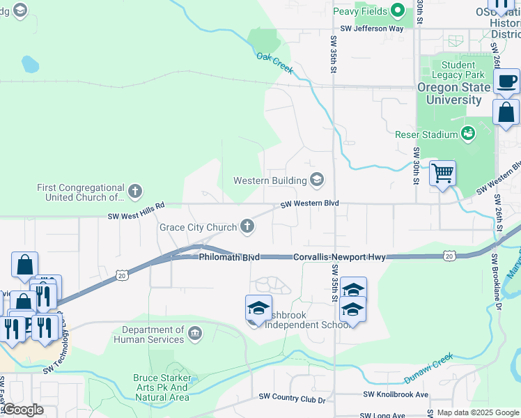 map of restaurants, bars, coffee shops, grocery stores, and more near 3806 Southwest West Hills Road in Corvallis