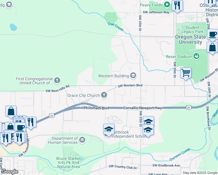 map of restaurants, bars, coffee shops, grocery stores, and more near 3806 West Hills Road in Corvallis
