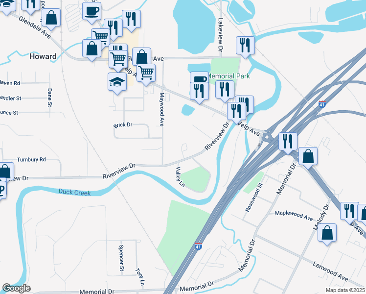 map of restaurants, bars, coffee shops, grocery stores, and more near 2112 Riverview Drive in Green Bay
