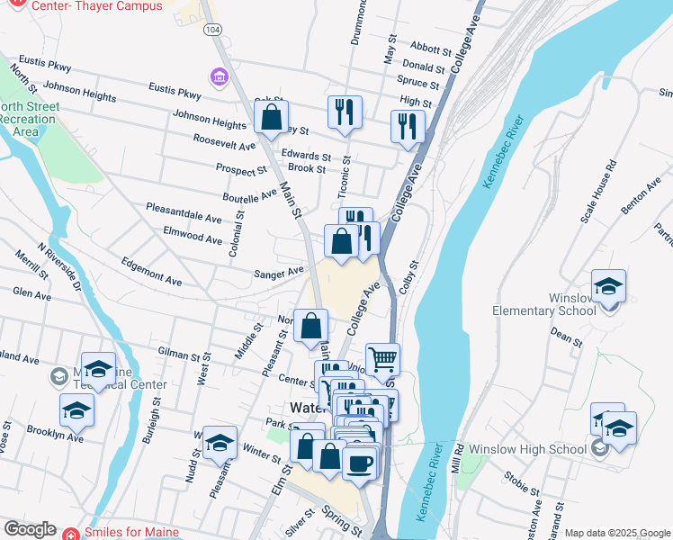 map of restaurants, bars, coffee shops, grocery stores, and more near 6 Main Place in Waterville