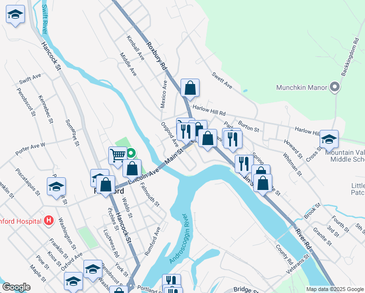 map of restaurants, bars, coffee shops, grocery stores, and more near 32 Main Street in Mexico