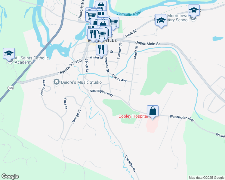 map of restaurants, bars, coffee shops, grocery stores, and more near 373 Congress Street in Morristown